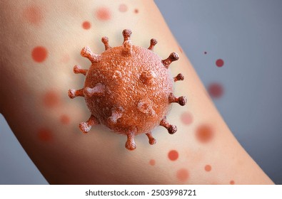 Monkeypox Virus on the skin, Microscopic View of the Monkeypox Virus. Close-Up Image of the Monkeypox Virus Structure, Skin Manifestation of Monkeypox, Dermatological viruses  - Powered by Shutterstock