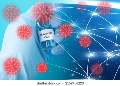 monkeypox virus, pox monkeys, variola animals,infection, epidemic, Doctor's hand with bubble virus on the background of the planet with the infection of the virus,Element of the image provided by NASA