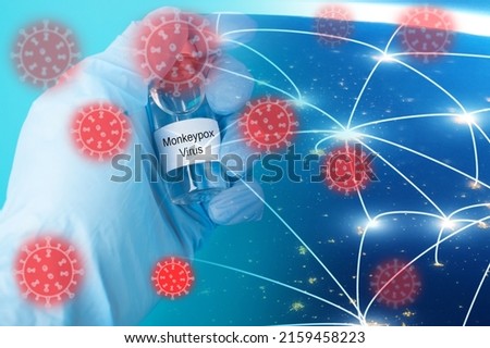 monkeypox virus, pox monkeys, variola animals,infection, epidemic, Doctor's hand with bubble virus on the background of the planet with the infection of the virus,Element of the image provided by NASA