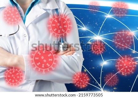 monkeypox virus, pox monkeys, variola animals, Global infection, epidemic, Doctor on the background of the planet with the infection of the virus, Element of the image provided by NASA