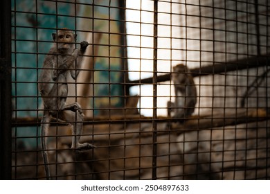 Monkeys in a sanctuary enclosure exploring their surroundings during daylight hours - Powered by Shutterstock