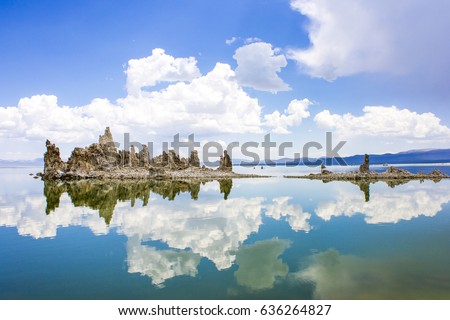 Mono Lake, a large, shallow saline soda lake in Mono County, California, with tufa rock formations.