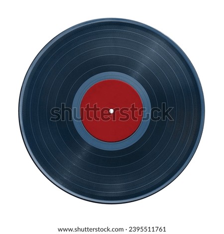 Mono phono MC MM Long Play Vinyl analog music track sound disk bank red label isolated on white background. This has clipping path.