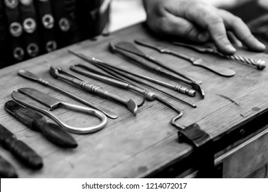 Monochrome Background Base Set Medieval Doctor Surgical Instruments Set Scalpel Base Design Ancient Surgery