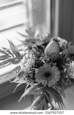 Similar – Image, Stock Photo sophisticated intricate flowers bouquet in vase. Floral arrangement on black background.