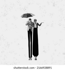 Monochrome contemporary art collage. Ideas, vintage, retro style, imagination. Young couple in love strolling on paper effect background. Art, fashion and music. Model on long drawn legs. Surrealism - Shutterstock ID 2166928891