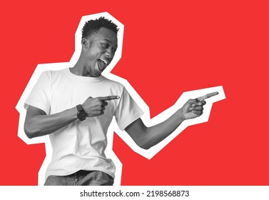 Monochrome cool millennial back guy pointing at copy space on red background and laughing, excited young african american man showing great summer offer or advertisement, collage, magazine style - Shutterstock ID 2198568873
