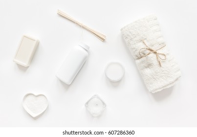 Monochrome Cosmetic Set In SPA Concept On Whitebackground Top View