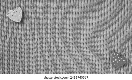 Monochrome Grey Knitted Texture Two White Heart Buttons Horizontal - Powered by Shutterstock