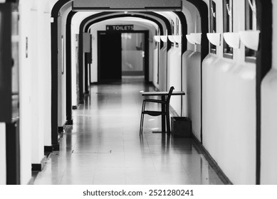 Monochrome Hallway with Empty Desk - Powered by Shutterstock