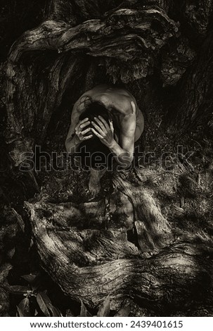 A monochrome image depicting people in panic hiding within the trunk of a tree.