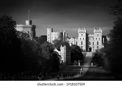 Monochrome image of the landscape Long Walk of Windsor Castle park in Berkshire England UK a popular English travel destination tourist attraction landmark stock photo image