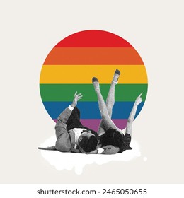 Monochrome image of man and woman lying and looking upwards against rainbow color circle elements. Contemporary art collage. Concept of LGBT, equality, pride month, support, love, human rights, event - Powered by Shutterstock