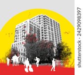 Monochrome image of modern urban building with yellow and red design elements and silhouettes of people, pedestrians. Contemporary art collage. Architecture, real estate marketing, urban style concept