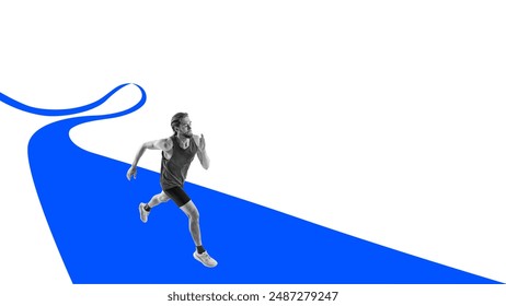 Monochrome image of muscular man, runner in motion, running fast against white background with abstract colorful element. Minimalistic design. Concept of sport, athletics, marathon, competition - Powered by Shutterstock