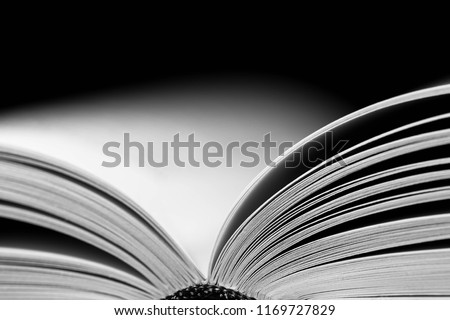 Monochrome image , opened white book pages close up macro shot isolated on white background.
