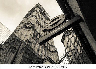 Monochrome London. Looking Up To Big Ben And Westminster Underground Station Sigh Looking - London, United Kingdom - 18 Dec. 2018