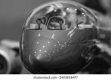 Monochrome phot of private airplane miniature model cockpit front view with pilots - Powered by Shutterstock