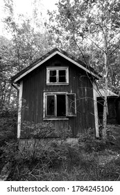 Monochrome Photograph Of An Abandoned House Exterior In The Woods