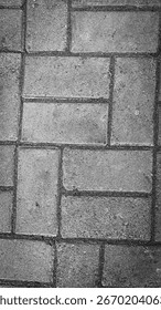 A monochrome photograph of pavement bricks in rectangular pattern, highlighting texture, details, and lines of stone surface, creating urban minimalism and abstract street photography composition.