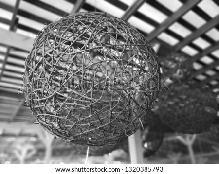 Monochrome picture featuring huge inter twined round hanging planter
