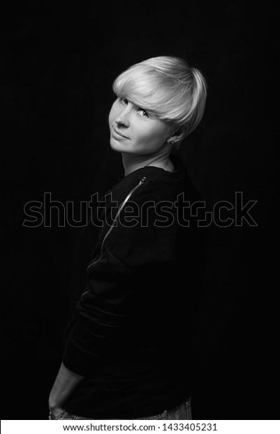 Monochrome Portrait Stylish Blonde Short Hair Stock Photo Edit