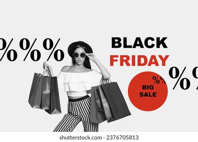 Monochrome style collage illustration of expert fashionista girl get much purchases big sale black friday isolated on white background