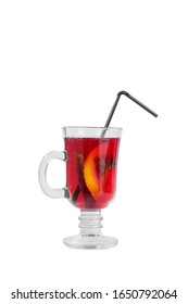Monochrome transparent cocktail, red mulled wine in a high glass with a handle with spices and a slice of lemon, orange, star anise and vanilla stick, side view, isolated white background
