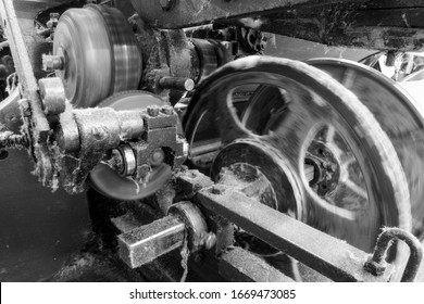 Monochrome Vintage Machine Part In Speed Motion Macro Line Plant Interior Classic Mechanical Work Machine Industry Engine Detail Black Equipment Technology Metal Engineering Training Mechanic Old Stee