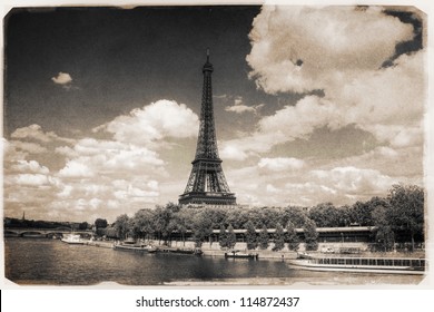 The monochrome vintage postcard portraying Eiffel Tower, Paris, France