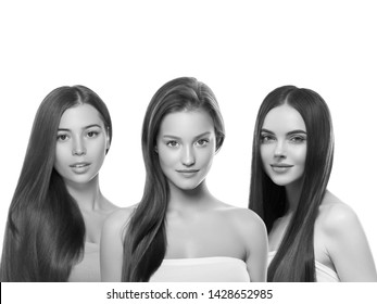 Monochrome Women Group Beauty Concept Portrait Close Up People Different Types Hair Skin 