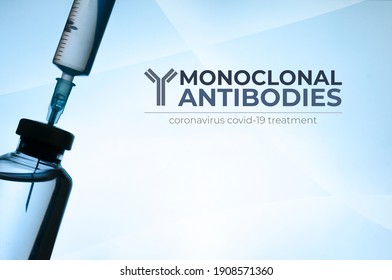 Monoclonal antibodies concept image: vial and syringe silhouette on light blue background 