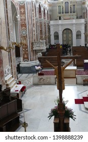 MONOPOLI, ITALY - APR 11, 2019 -Marble inlays of the Basilica Cathedral della Madonna della Madia, Monopoli, Puglia, Italy