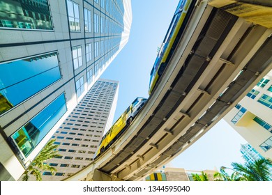 Monorail In Downtown Miami Seen From Below. Southern Florida, USA