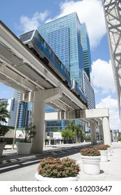 The Monorail Train Passing By In Miami Downtown (Florida).