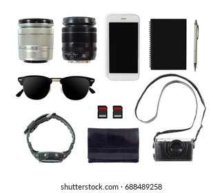 monotone accessory set for trip isolate on white background, smartphone, book and pen, camera, wallet, memory card, hand watch, sunglasses, lens camera