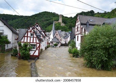 Monreal, Germany - 07 15 2021: Huge flood of the Elz river in Monreal, Eifel 