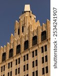 Monroe, Louisiana, USA - April 4, 2024: Afternoon sunlight shines on the historic buildings in the skyline of downtown Monroe.