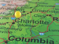 Monroe, North Carolina Marked By A Yellow Map Tack. The City Of Monroe Is The County Seat Of Union County, NC.