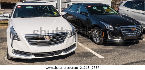 Monroeville, Pennsylvania, USA February\
27, 2022 Two used Cadillac sedans, one white and one black together\
on a used car dealership lot on a sunny winter\
day