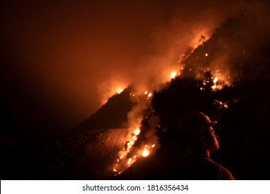 Monrovia, California / USA - September 15, 2020: Firefighters Work The Bobcat Wildfire In The Hills Above Los Angeles.