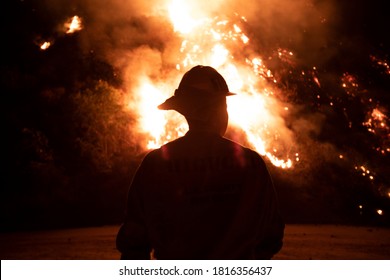 Monrovia, California / USA - September 15, 2020: Firefighters Work The Bobcat Wildfire In The Hills Above Los Angeles.