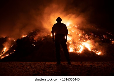 Monrovia, California / USA - September 15, 2020: Firefighters Work The Bobcat Wildfire In The Hills Above Los Angeles.