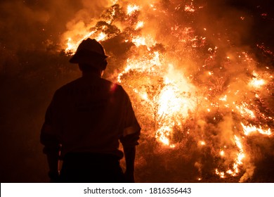 Monrovia, California / USA - September 15, 2020: Firefighters Work The Bobcat Wildfire In The Hills Above Los Angeles.