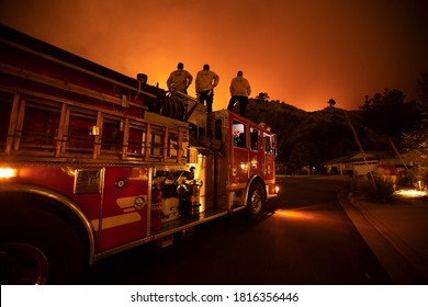 Monrovia, California / USA - September 15, 2020: Firefighters Work The Bobcat Wildfire In The Hills Above Los Angeles.