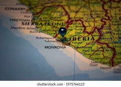 Monrovia, The Capital City Of Liberia Pinned On Geographical Map