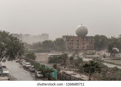 Monsoon Rain In New Delhi India. Weather Station At The Delhi Airport.