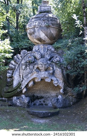 The Monster Park of Bomarzo, Lazio, Italy. Decadent artifacts. Monstrous figures.