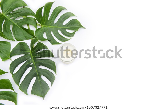 Monstera Leaves White Candle Use Decorating Stock Photo Edit Now