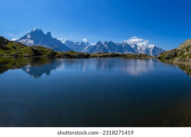 Mont Blanc massif seen from Lacs de Cheserys